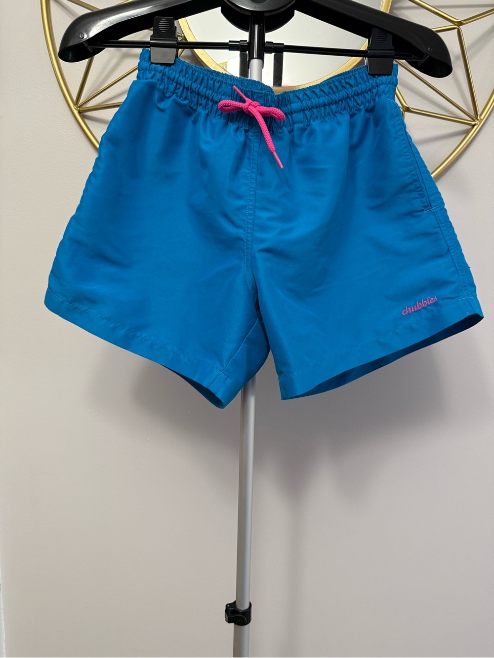chubbies Bright Blue Swim Shorts with Pink Drawstring
